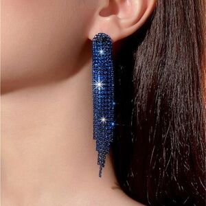 Dark Blue Rhinestone Tassel Earrings, Midnights Earrings, Chandelier Earrings